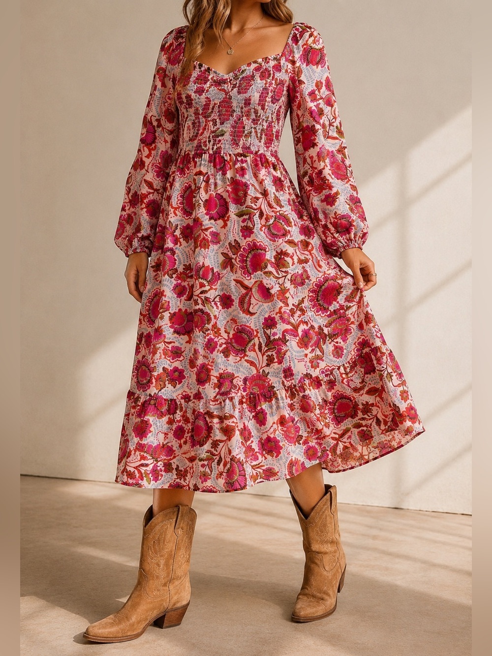 Japna Boho Cottagecore Floral Smocked Dress - Size Medium